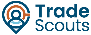 Trade Scouts logo. The words 'Trade' and 'Scouts' stacked on top of each other and an icon of a pointer with a person inside it on the left.